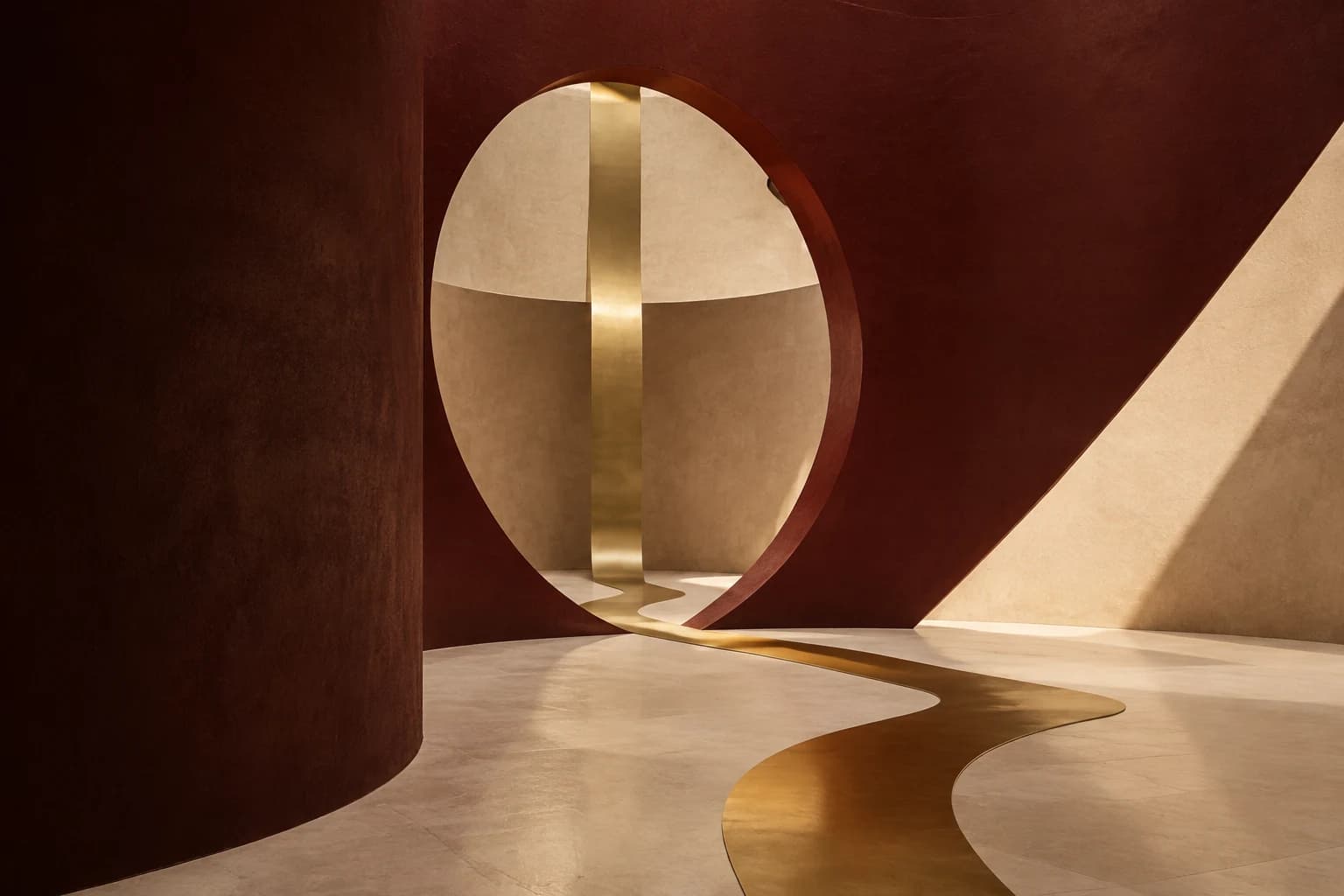 An uninterrupted gold ribbon passes through a monumental burgundy arch into a sunlit cream space