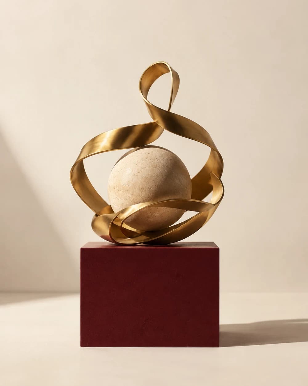 A gold ribbon surrounds a calm stone sphere on a burgundy pedestal